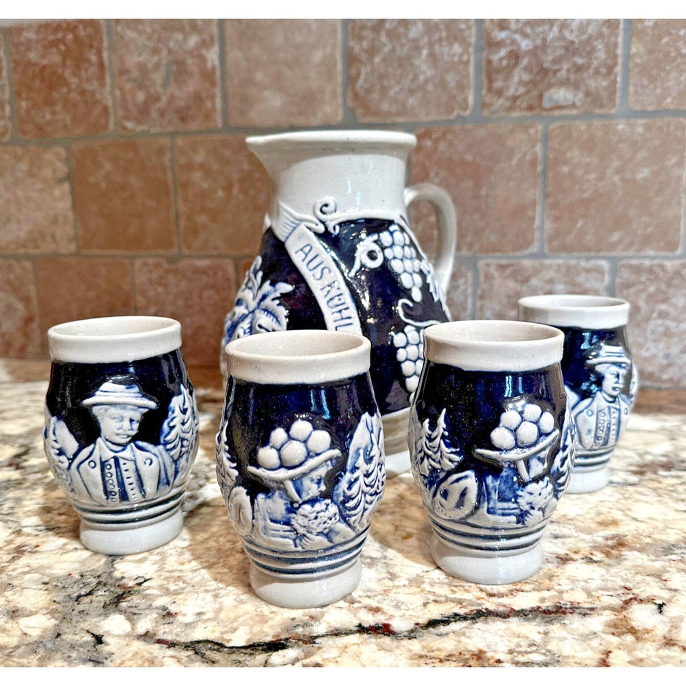 Vintage Trink Edlen Wein Aus Kuhlem Stein‎ Salt Glazed Grapes Pitcher W 4 Cups